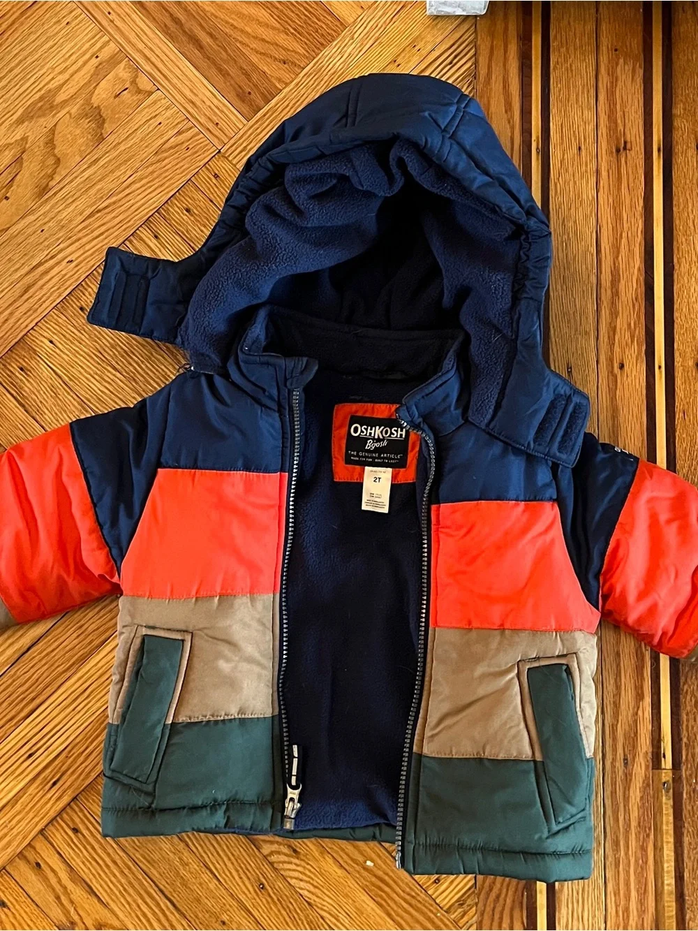 OshKosh B'gosh Navy, Red, Green and Tan Colorblock Puffer Jacket